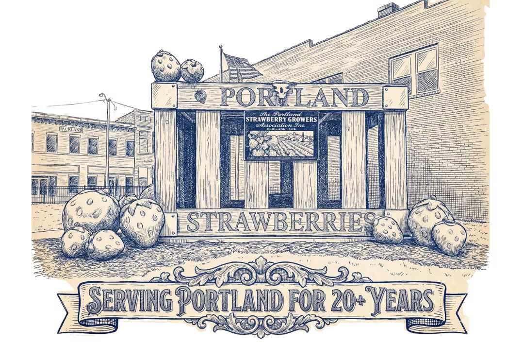Illustrated wooden crate with strawberries and a banner reading Serving Portland for 20+ years.