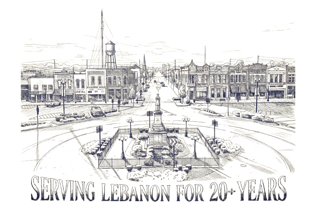 Sketch of a town square with buildings and a statue, text reads Serving Lebanon for 20+ years.