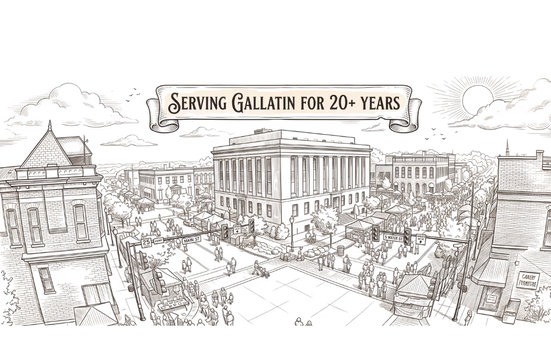Vintage-style sketch of a busy small town intersection with buildings and a banner reading Serving Gallatin for 20+ years.