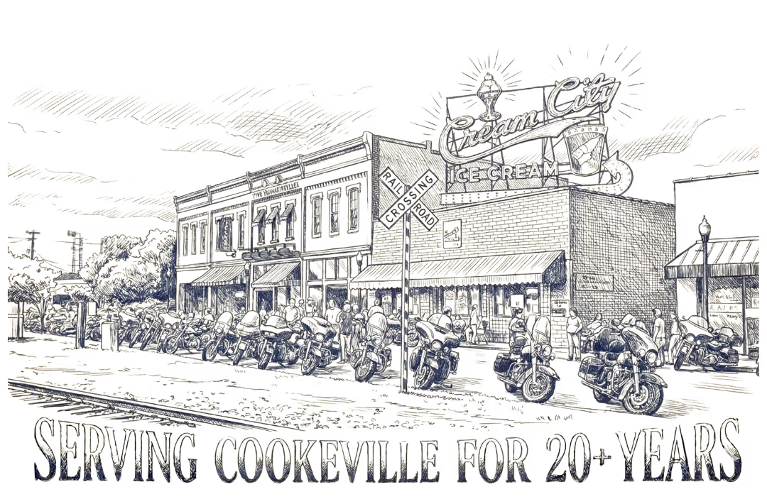 Sketched street view of Cream City Ice Cream with motorcycles lined up, text reads serving Cookeville 20+ years.