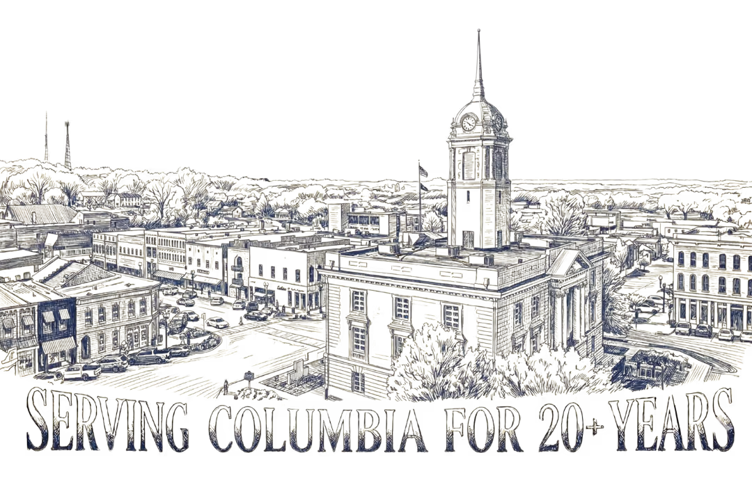 Detailed sketch of a cityscape with prominent clock tower and text Serving Columbia for 20+ years.