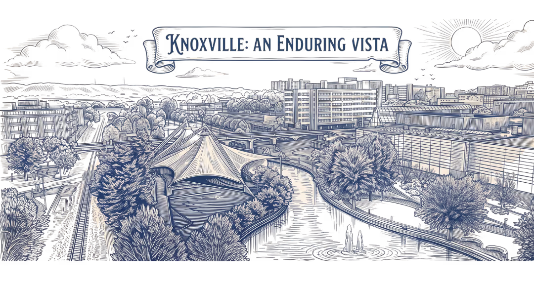 Detailed illustration of Knoxville's cityscape with buildings, trees, river, and a pavilion.