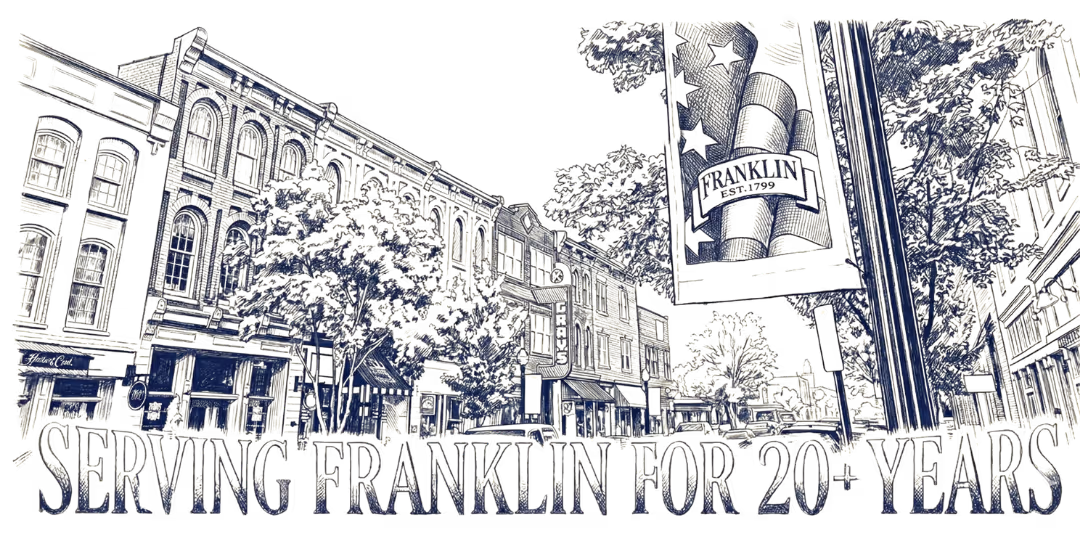 Old-fashioned downtown street scene with trees, shops, and a banner reading Serving Franklin for 20+ years.