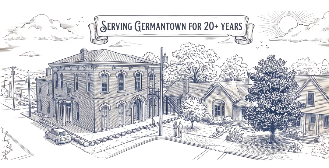 Illustration of a neighborhood with a large building and houses under the banner 'Serving Germantown for 20+ years.'