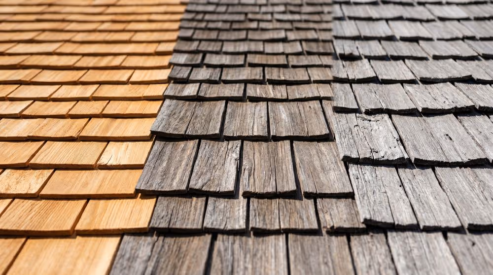 Side-by-side new wooden shingles in light brown and old weathered gray shingles on a roof.