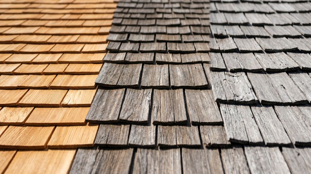 Side-by-side new wooden shingles in light brown and old weathered gray shingles on a roof.