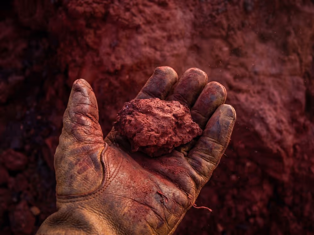 Worn leather-gloved hand holding a clump of red dirt over a red dirt ground.