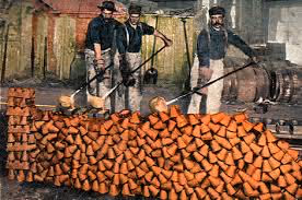 Three men working with molten metal in a traditional brick furnace setting.