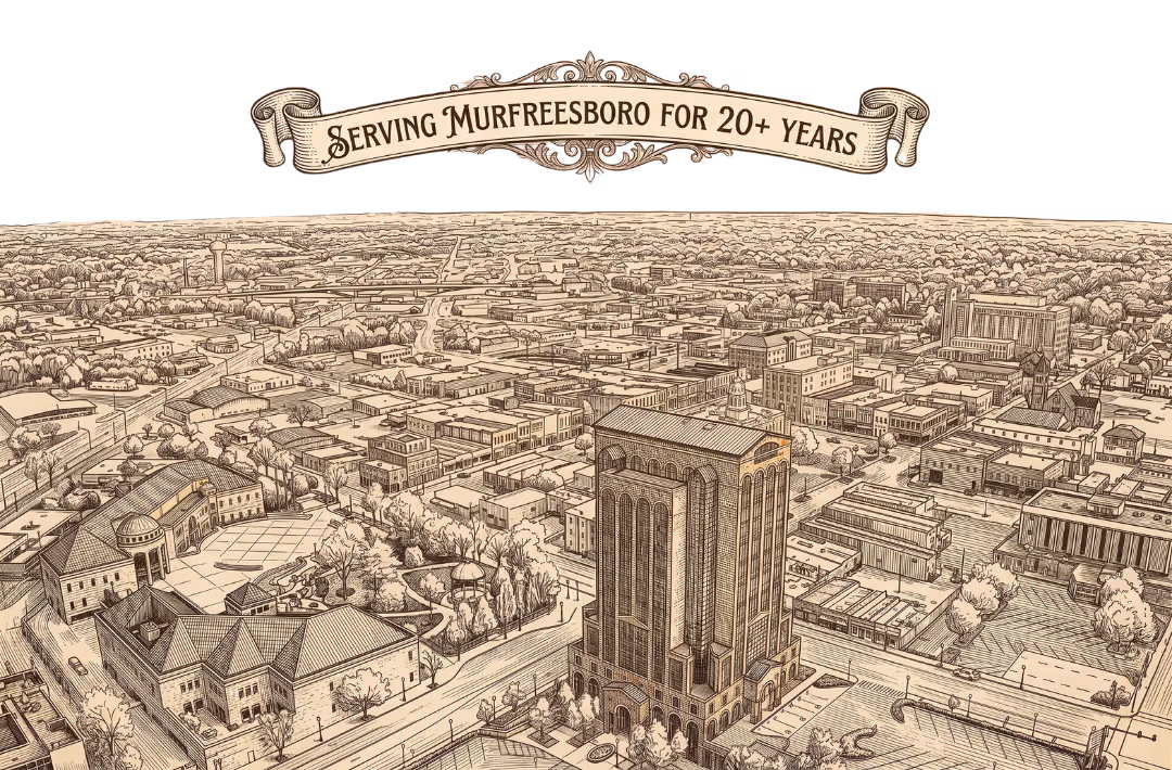 Illustrated aerial view of Murfreesboro with a banner stating serving Murfreesboro for 20+ years.