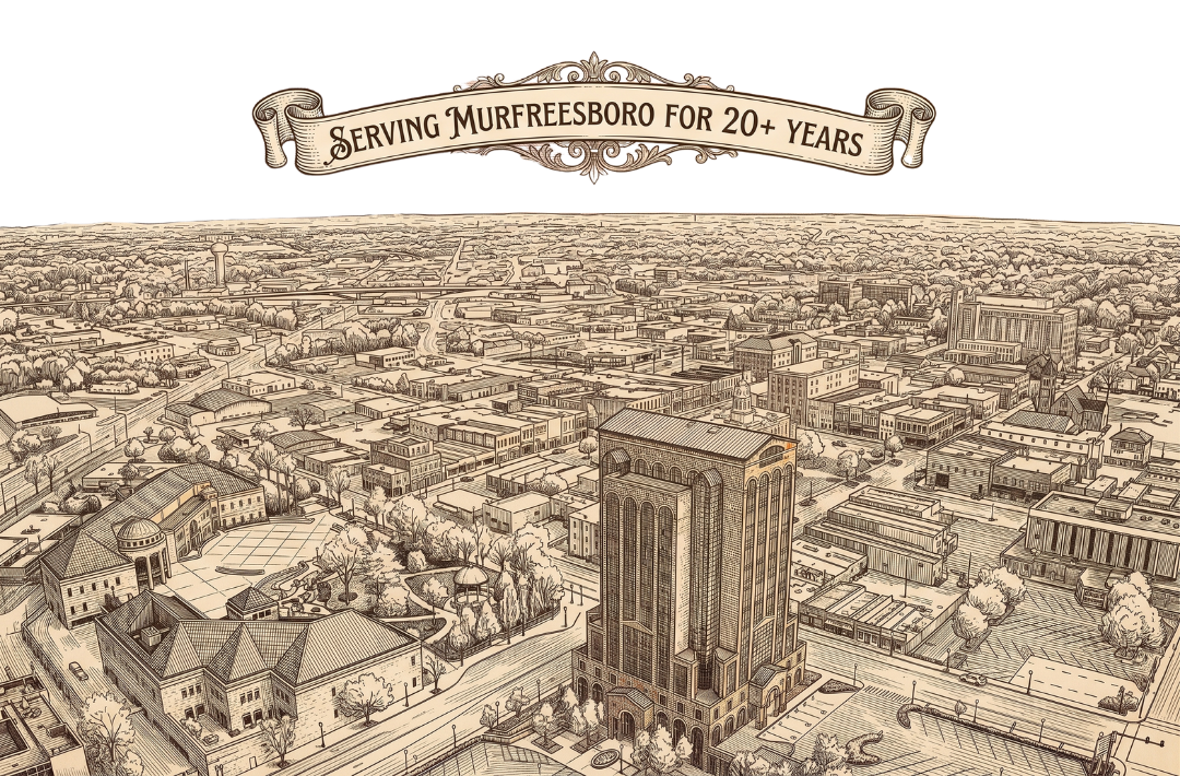 Illustrated aerial view of Murfreesboro with a banner stating serving Murfreesboro for 20+ years.