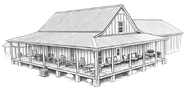 3D sketch of a stilt house with a wide roof and large wraparound porch.