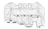 Isometric black and white architectural drawing of a building with multiple pitched roofs and chimneys.