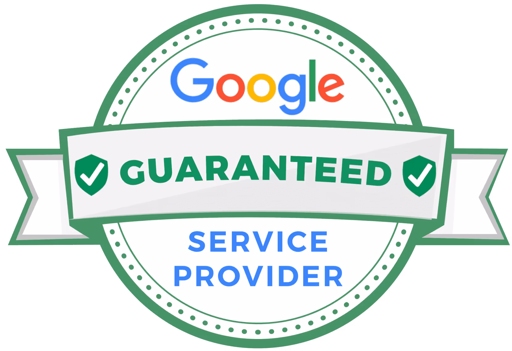 Google Guaranteed Service Provider badge with green border and checkmark icons.