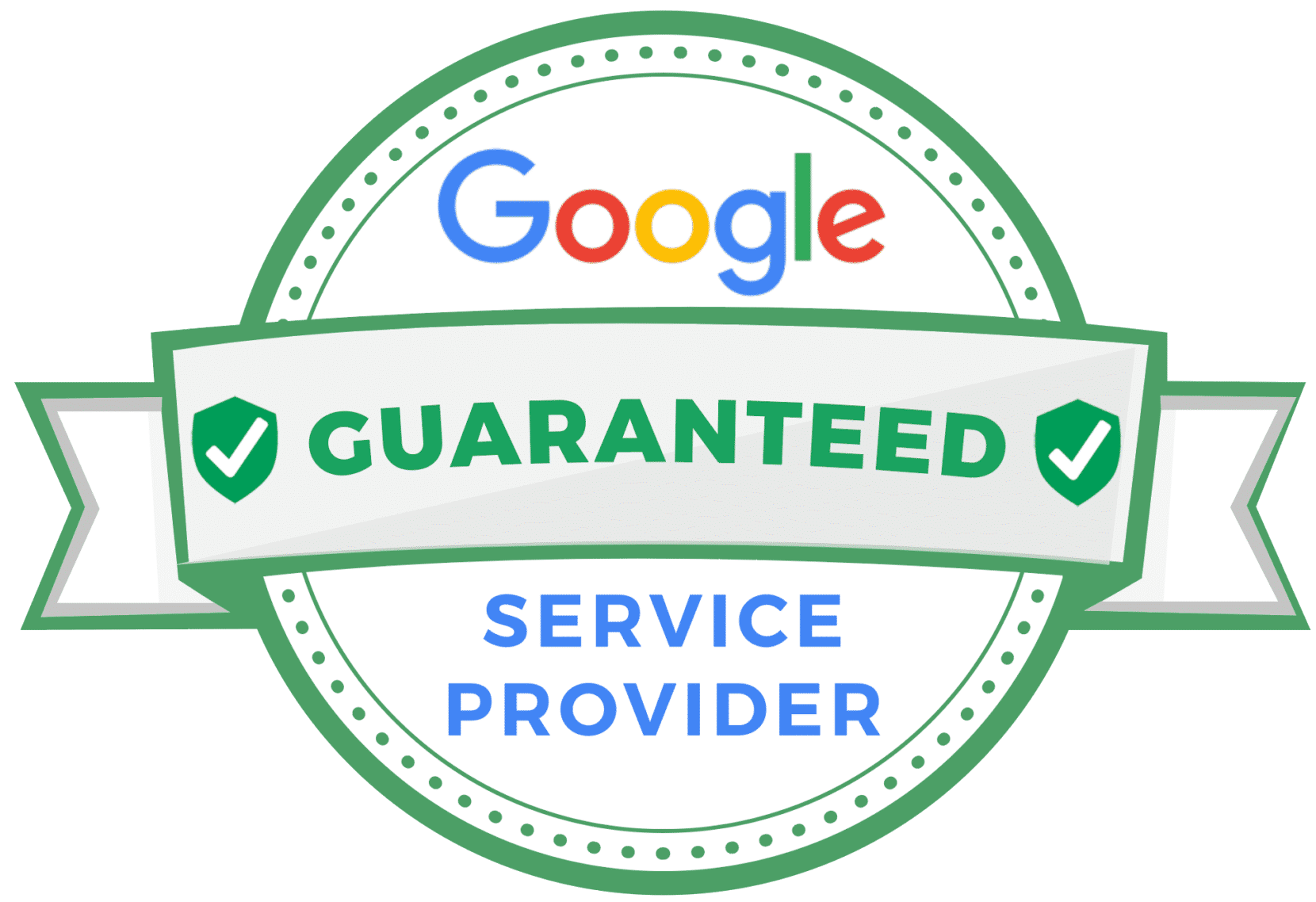 Google Guaranteed Service Provider badge with green border and checkmark icons.