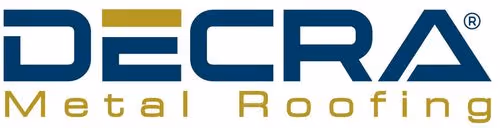DECRA Metal Roofing logo with stylized blue and gold text.