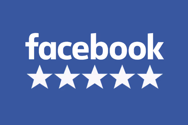 Facebook logo above five white star icons on a blue background representing a five-star rating.