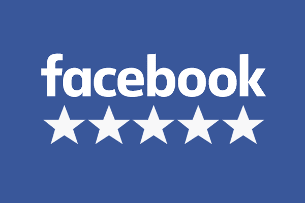 Facebook logo above five white star icons on a blue background representing a five-star rating.