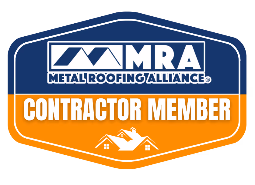 Metal Roofing Alliance badge with text Contractor Member and house roof icons.