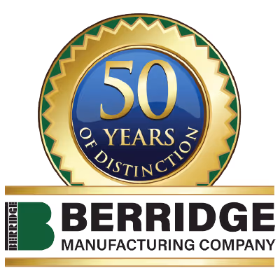 Berridge Manufacturing Company logo with a gold and blue seal reading 50 years of distinction.