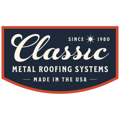 Classic Metal Roofing Systems logo with text 'Since 1980' and 'Made in the USA' in navy and beige colors.