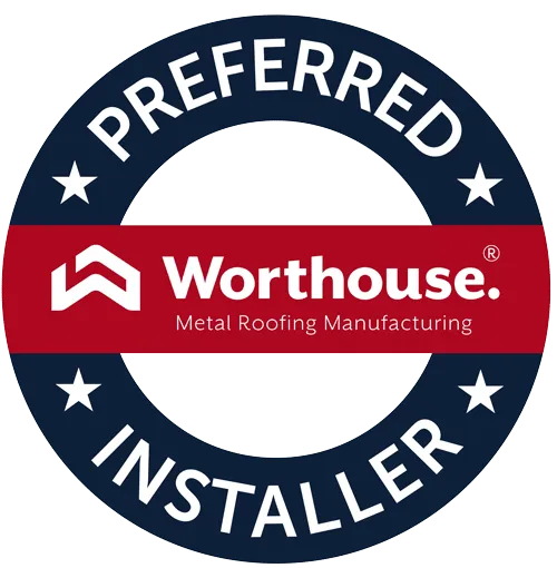 Worthouse metal roofing manufacturing preferred installer badge with white text and stars.