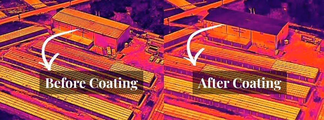 Thermal image comparison of roofs before and after coating showing reduced heat on coated roof.