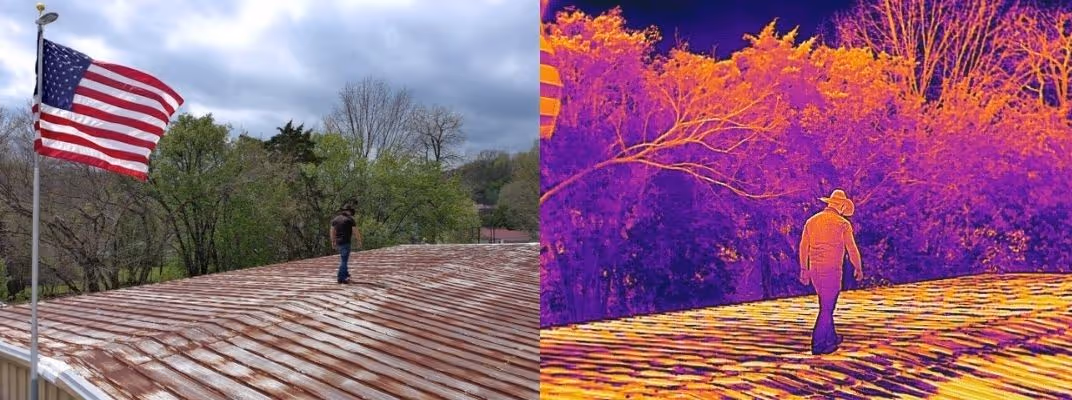 Side-by-side images show a man walking on a rusted metal roof in daylight and a thermal view of the same scene.