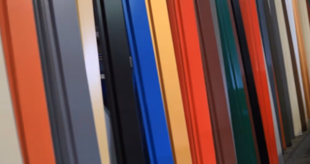 Close-up of vertically arranged metal panels in various colors including blue, red, green, and gray.