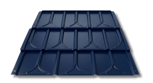 Dark blue metal roofing panel with a raised rectangular and triangular pattern.