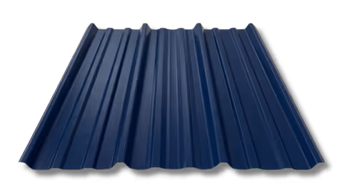 Blue corrugated metal sheet panel for roofing or siding with alternating raised ridges and grooves.