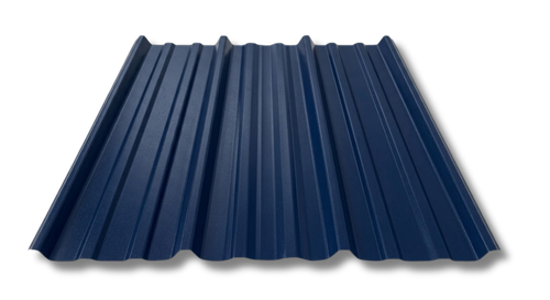 Blue corrugated metal sheet panel for roofing or siding with alternating raised ridges and grooves.