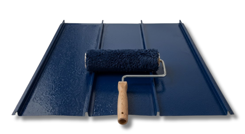 Blue paint roller resting on a metal sheet painted with glossy navy blue paint.