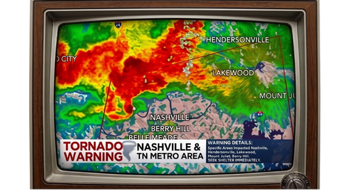 Weather map showing a red tornado warning area over Nashville and nearby Tennessee metro areas.