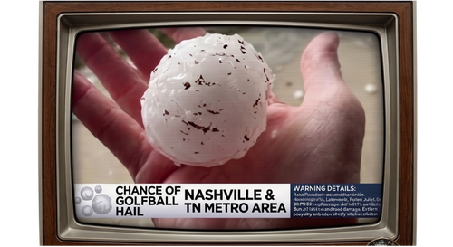 Hand holding a large golf ball-sized hailstone on a retro TV screen with Nashville hail warning text.