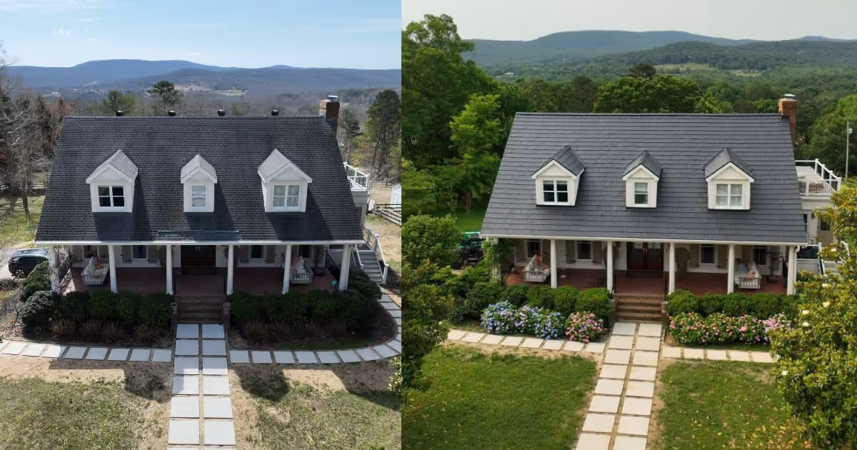 Side-by-side portraits of the same house showing dry grass and leafless trees on left, lush greenery on right.