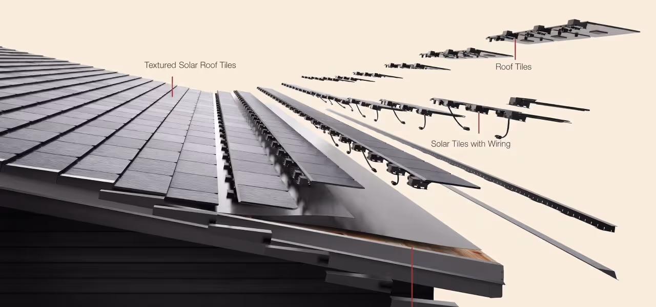 Exploded view of solar roof tiles, wiring, and textured roof tiles on a roof structure.