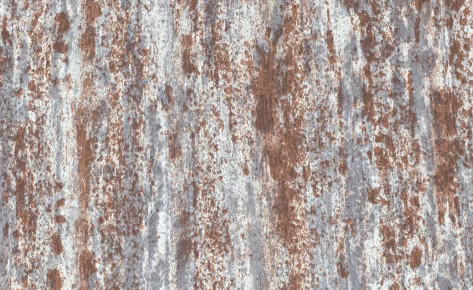 Rusty, weathered metal surface with vertical streaks of rust and corrosion.