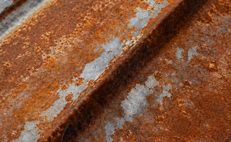 Close-up of a rusty, weathered metal surface with patches of corrosion and peeling paint.