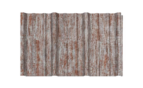 Close-up of a rusty, weathered corrugated metal sheet with red and gray discoloration.