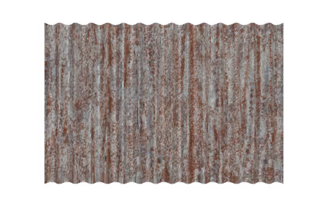Rectangular piece of rusted corrugated metal sheet with wavy edges on a black background.