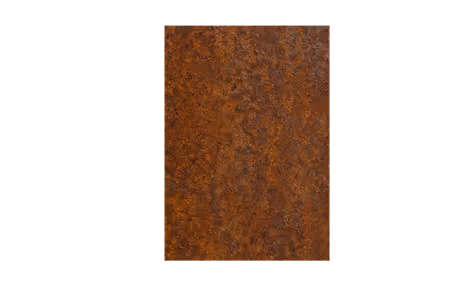 Rectangular slab of rusted brown metal with textured surface against black background.