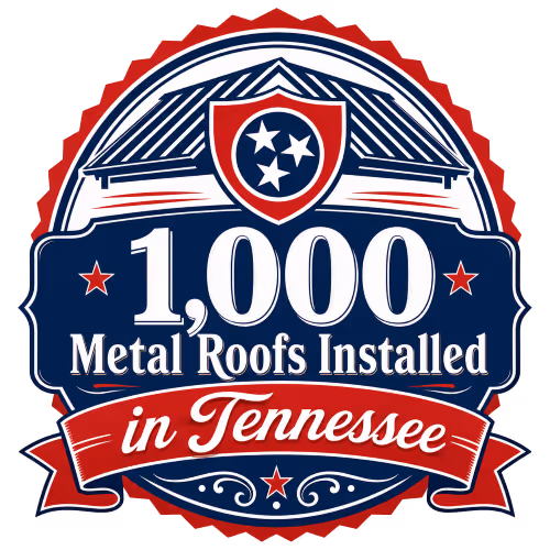 Badge showing 1,000 metal roofs installed in Tennessee with a roof and stars design.