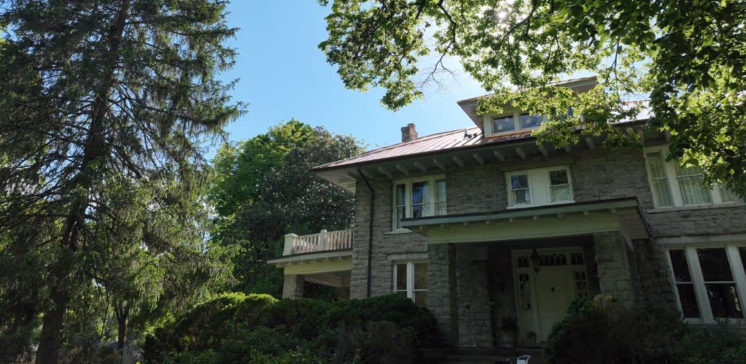 Stone house with a metal roof surrounded by trees and bushes under a clear blue sky.