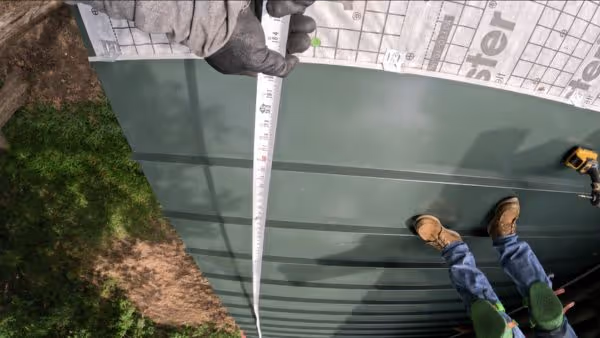 Two workers measure the length of a green standing seam metal roof panel with a tape measure.