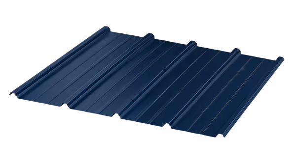 Blue PBR metal roofing panel with raised ribs for purlin bearing support.