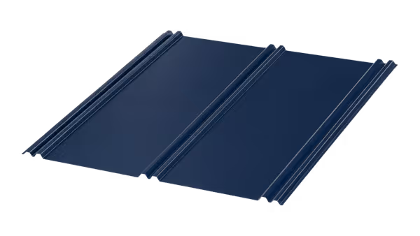 Dark blue metal roofing panel with raised V-shaped crimps along edges for interlocking.