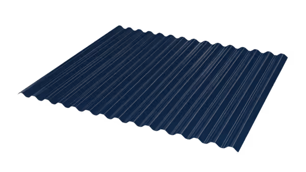 Dark blue corrugated metal sheet with sinusoidal wave ridges.