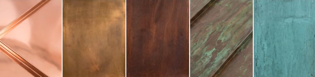 Five copper surface samples showing changes from bright copper to greenish-blue patina.