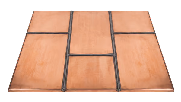 Rectangular copper plates with dark metal edges arranged in a grid pattern on a black background.