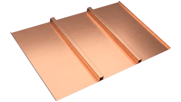 Copper standing seam metal roofing panel with raised vertical ribs.